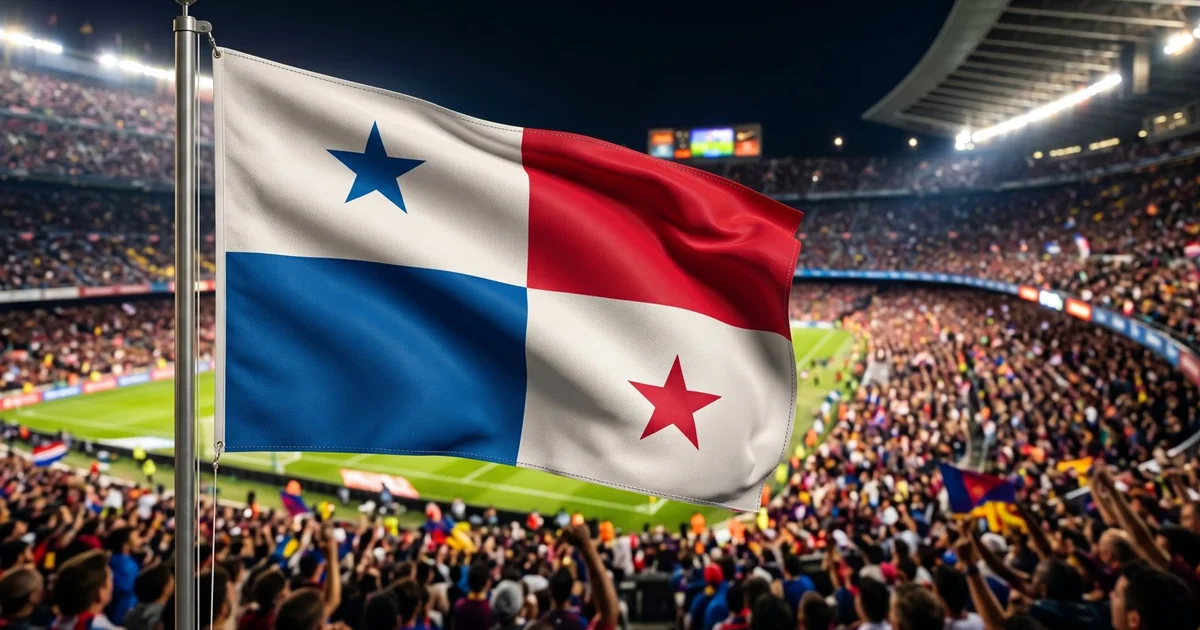 Estadio de fútbol nocturno con la bandera de Panamá ondeando frente a miles de aficionados